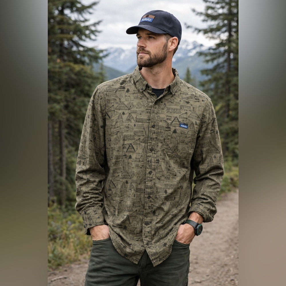 KAVU Linden Alpine Village Olive Patterned Button-Down Shirt | Men’s XL | NWT